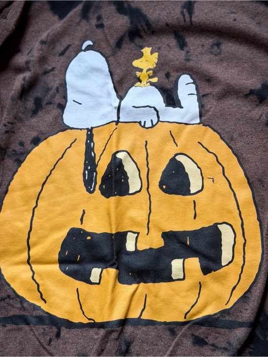 Peanuts Tops - Women Large Brown Peanuts Snoopy Sleeping on Pumpkin Halloween Tee